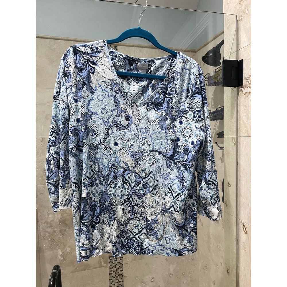 Chicos Women Paisley V-Neck 3/4 Sleeve Pima Cotton Knit Shirt Blue White Size 3